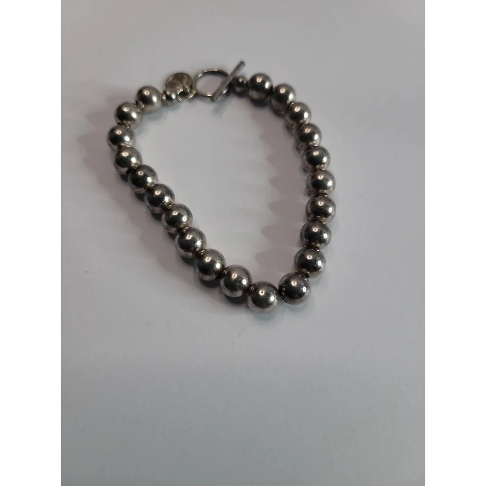 925 Sterling Silver Beaded Bracelet with Toggle Clasp and Round Charm